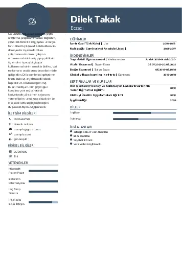 Eczacı CV Örnekleri cv indir